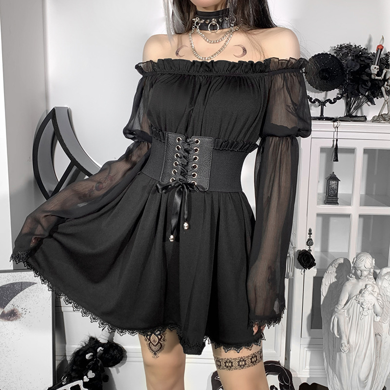 Gothic Style Puff Sleeve Lace One-Word Neck A-Line Dress NSGYB99503