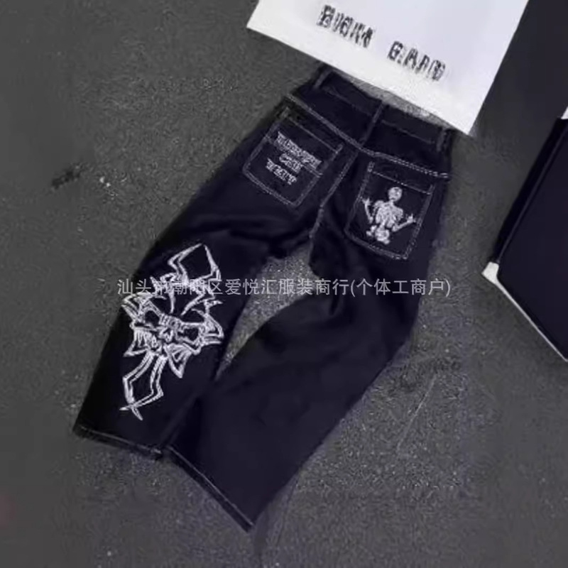 2024 New Summer Cross-Border American Retro Washed Printed Jeans Loose Casual Straight Wide Leg Pants Unisex