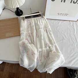 唯美风抖音爆款碎花半身裙女夏季法式甜美蕾丝拼接度假风长裙7305