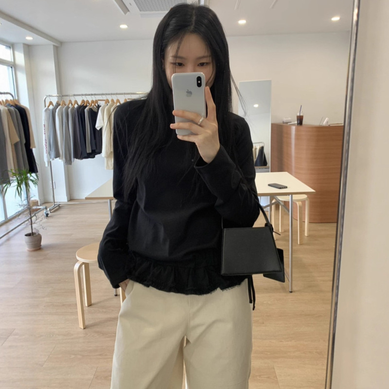 韩国chic早秋新品韩版甜美蕾丝摆花边拼接纯色百搭长袖打底衫T恤|undefined