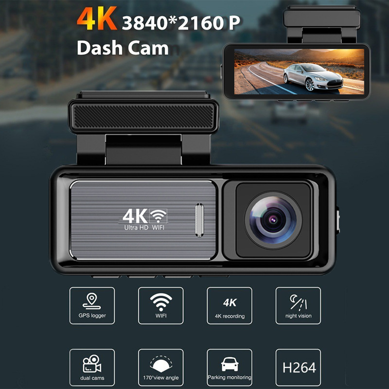 Car Camera with Ips Display, 4K Front and 1080P Rear, with Wifi, Dual Recording Front and Rear, High-Definition M6 Dash Cam