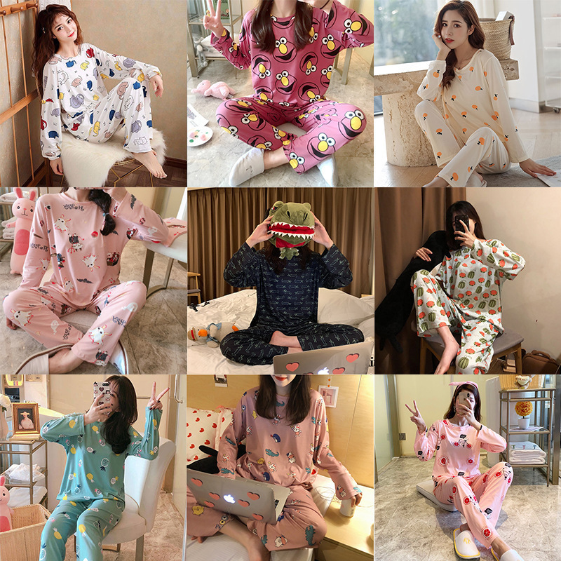 Spring and Autumn Pajamas Women's Bean Sand White Crocodile Orange Long Sleeve Round Neck Student Cute suit Loose Pullover Home Clothes