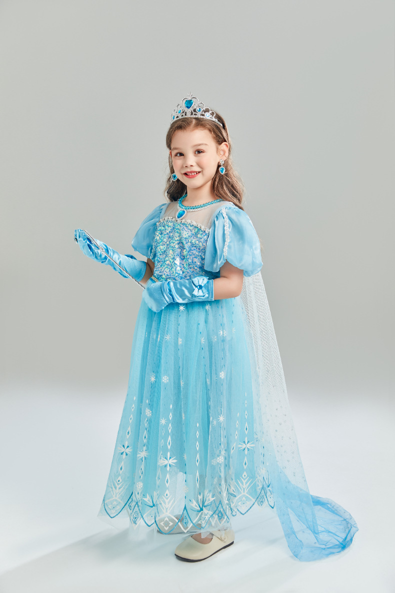 Neues, kurzärmliges, süßes Elsa-Kleid für Weihnachtsprinzessinnen für Mädchen_voghion.com