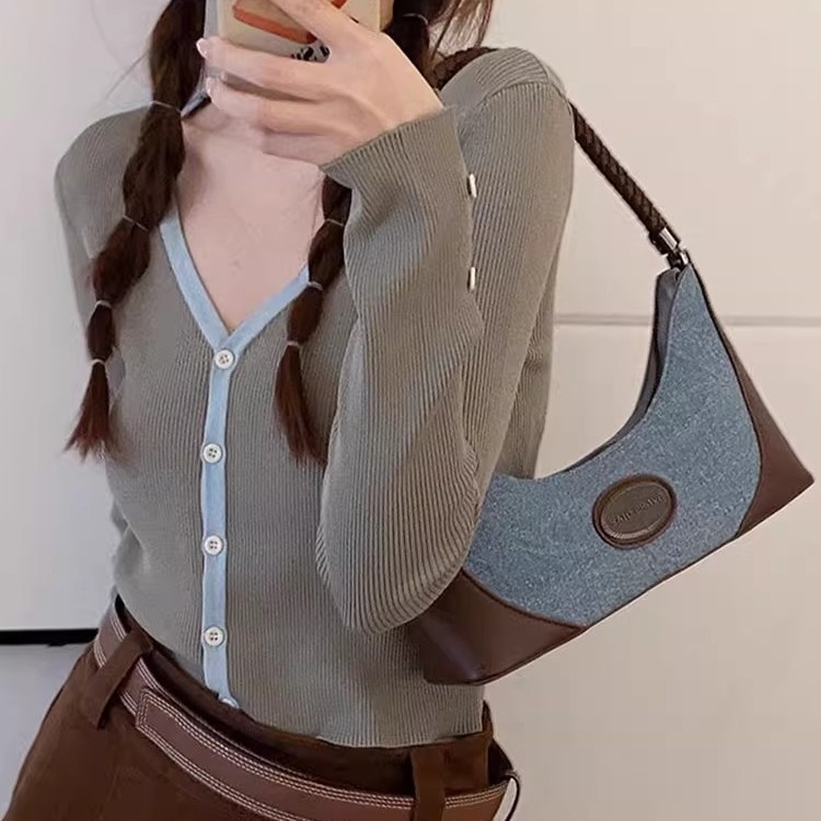 Denim Canvas Baguette Bag Women's Shoulder Bag 2025 New Niche Design Handheld Underarm Bag For Work And Commuting - Thumbnail 2