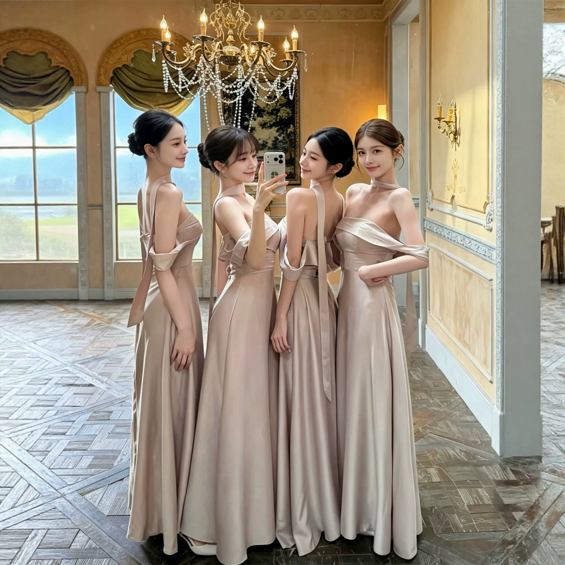 Elegant champagne satin bridesmaid dress, sister dress, engagement and wedding dress, stunning and slimming long evening gown for summer