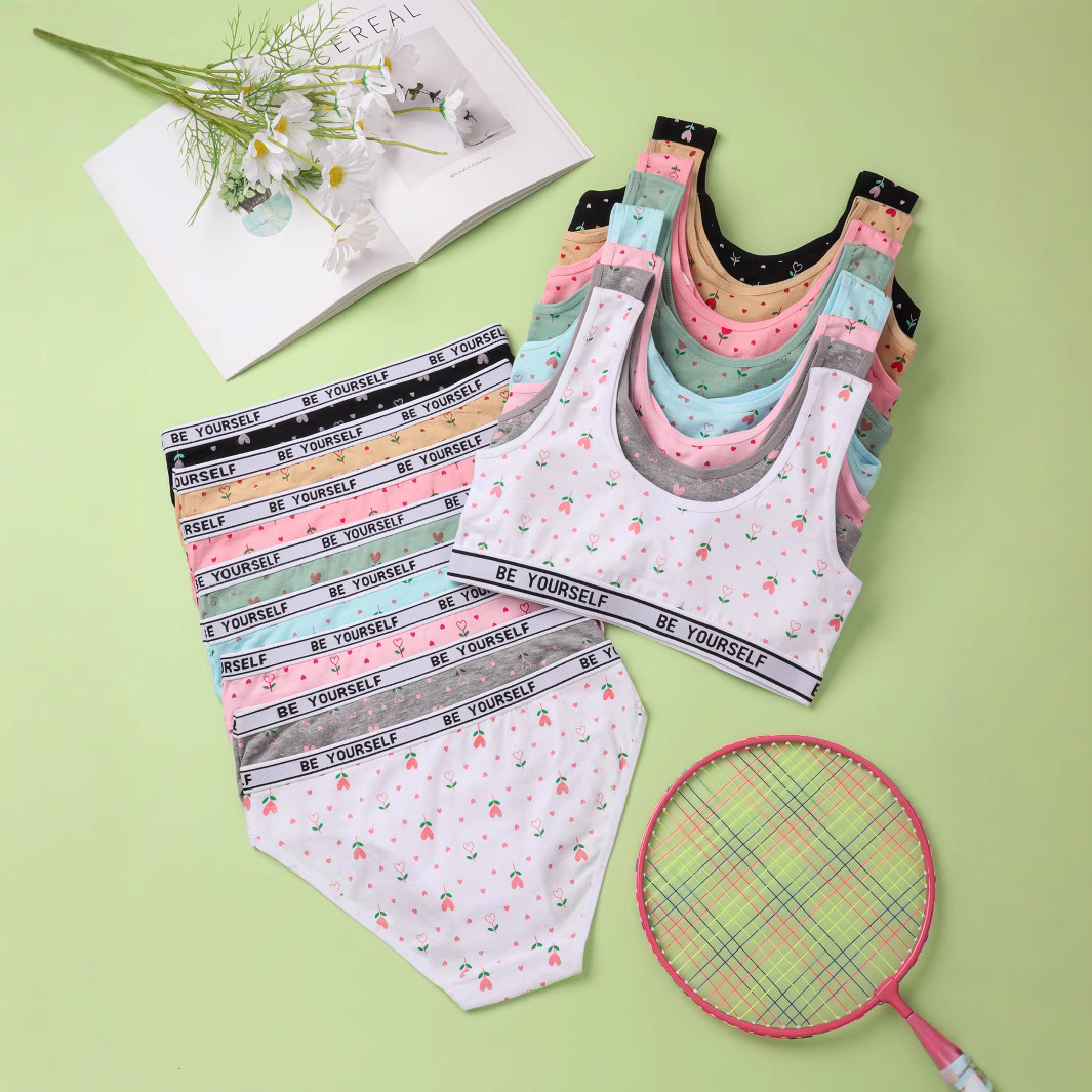 Impresión linda niña ropa interior niña período de desarrollo sujetador algodón deporte a prueba de golpes chaleco de copa fija traje de bragas