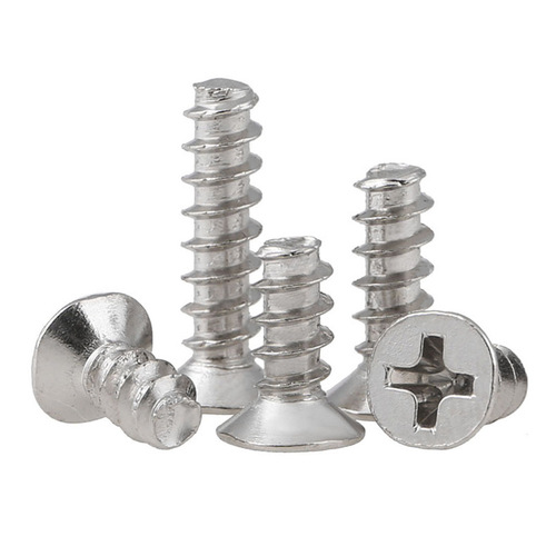 Cross-recessed countersunk flat head miniature self-tapping screw with iron plating and nickel coating, size M1.4-M5, for precision fan and eyeglass use.