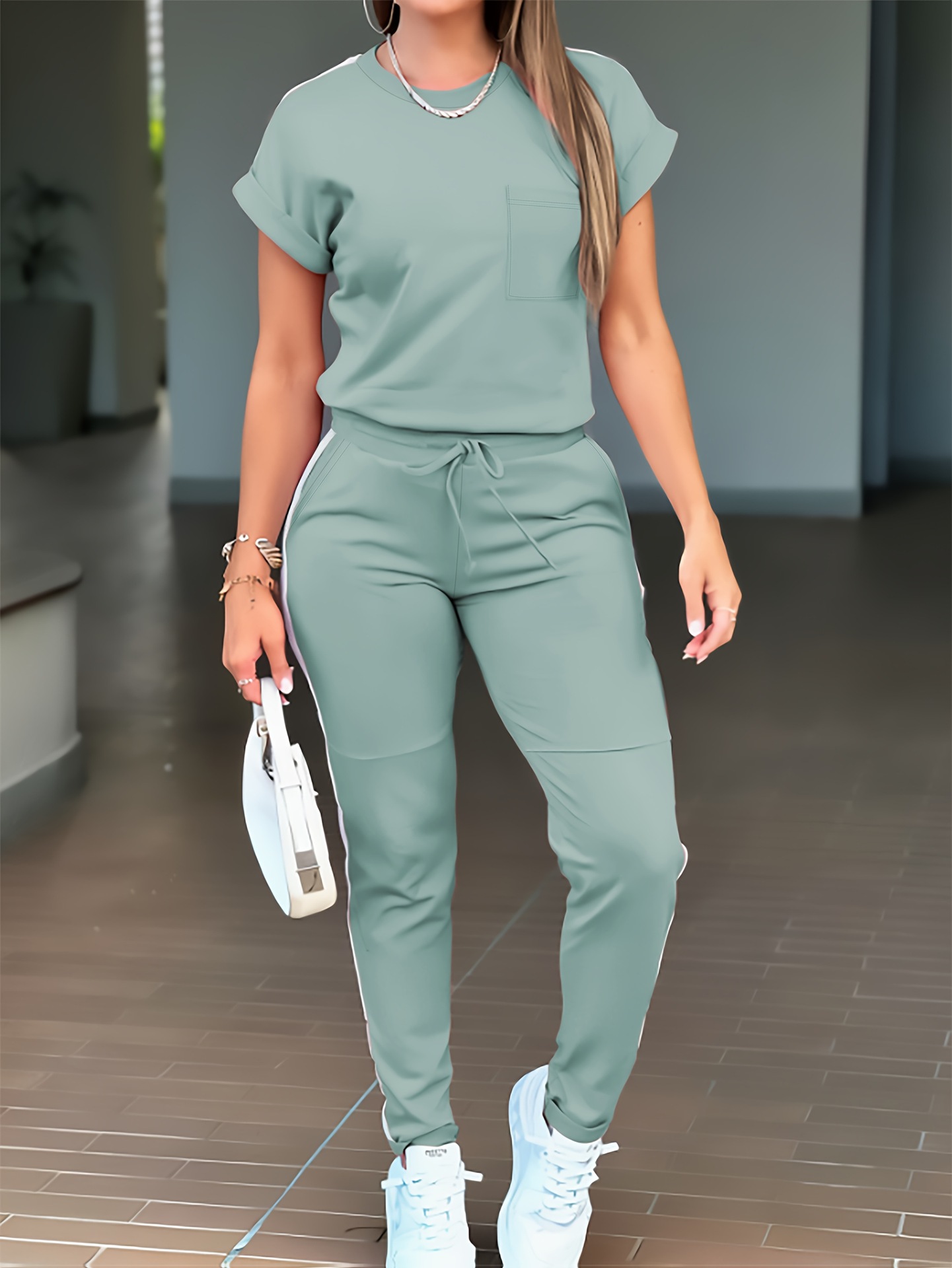 Damen Freizeit-set Kurzarm T-shirt Und Hose Mit Taschen_voghion.com