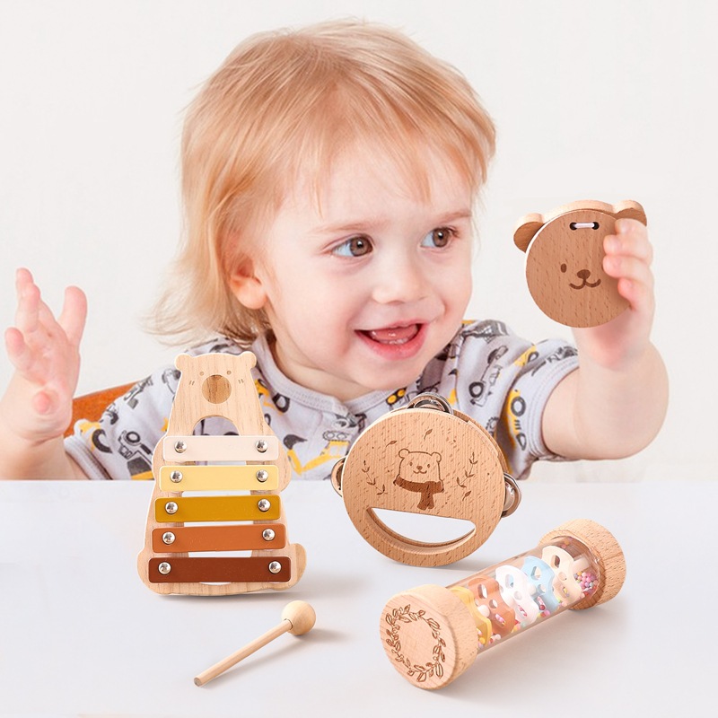 Instrumentos musicales de madera de cuatro piezas para bebés, apaciguamiento para niños, educación temprana, audición, percusión, piano, tubo de lluvia, juguetes musicales