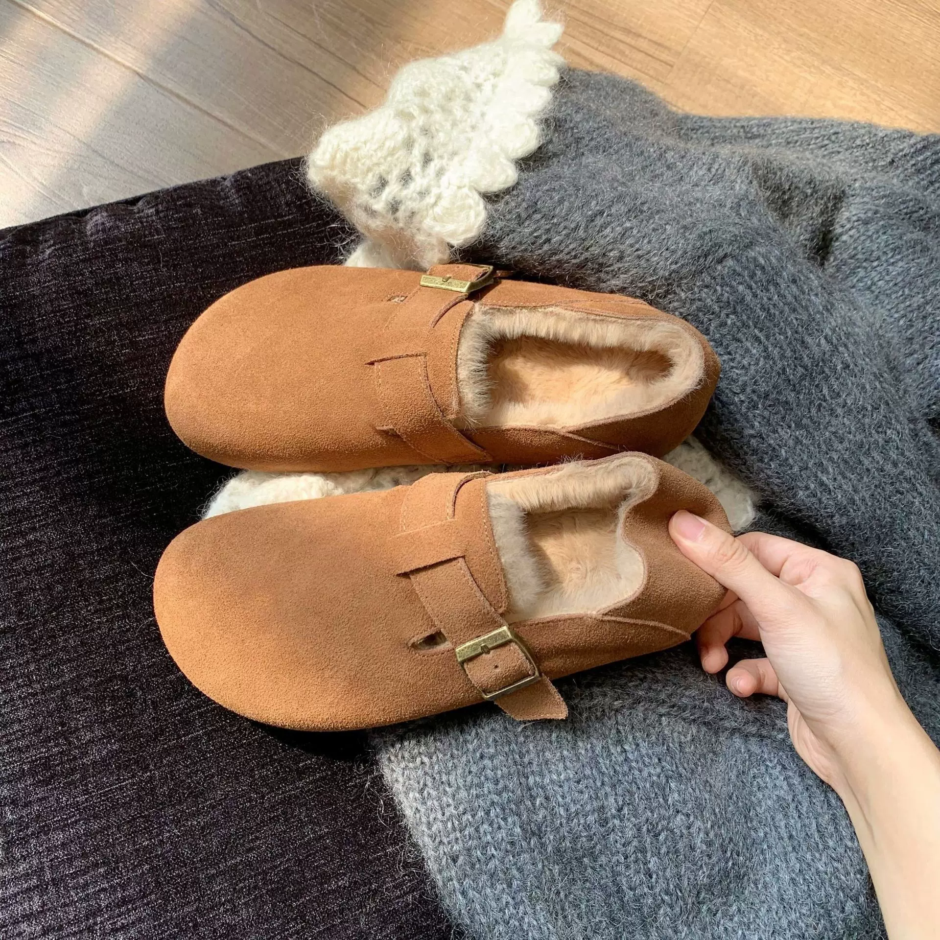 羊毛版软底真皮一脚蹬勃肯鞋女秋冬加绒棉鞋厚底懒人全包博肯单鞋