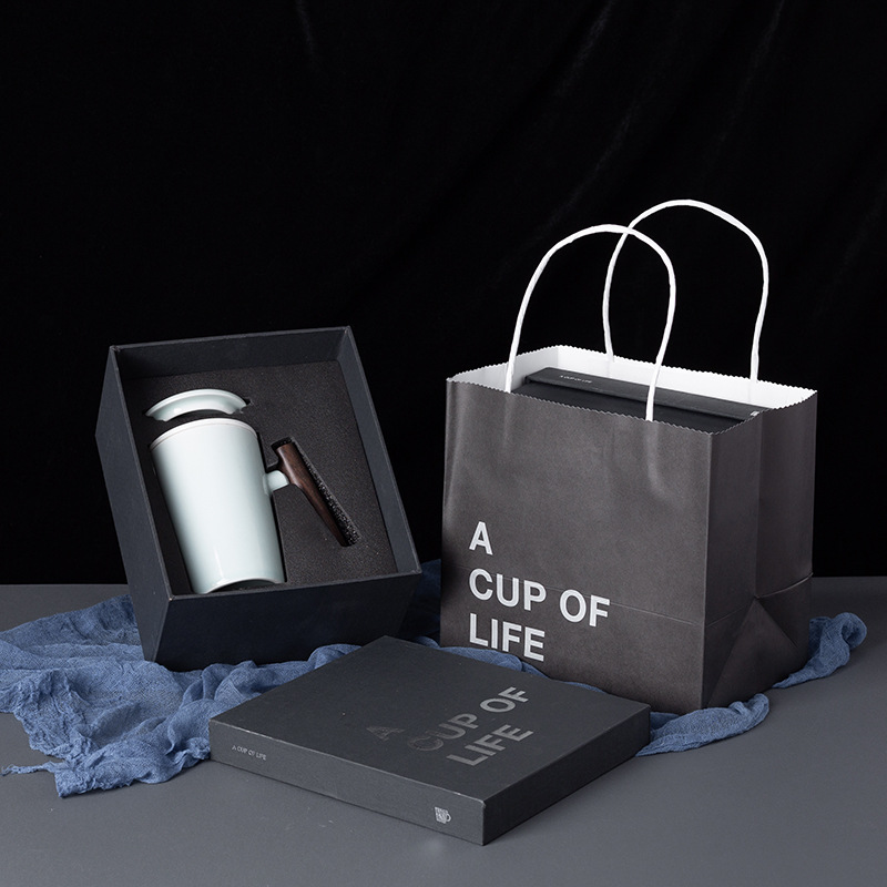 Wenchuang mango de madera taza de cerámica taza de café taza de agua con cubierta cuchara caja de regalo bolsa LOGO tallado