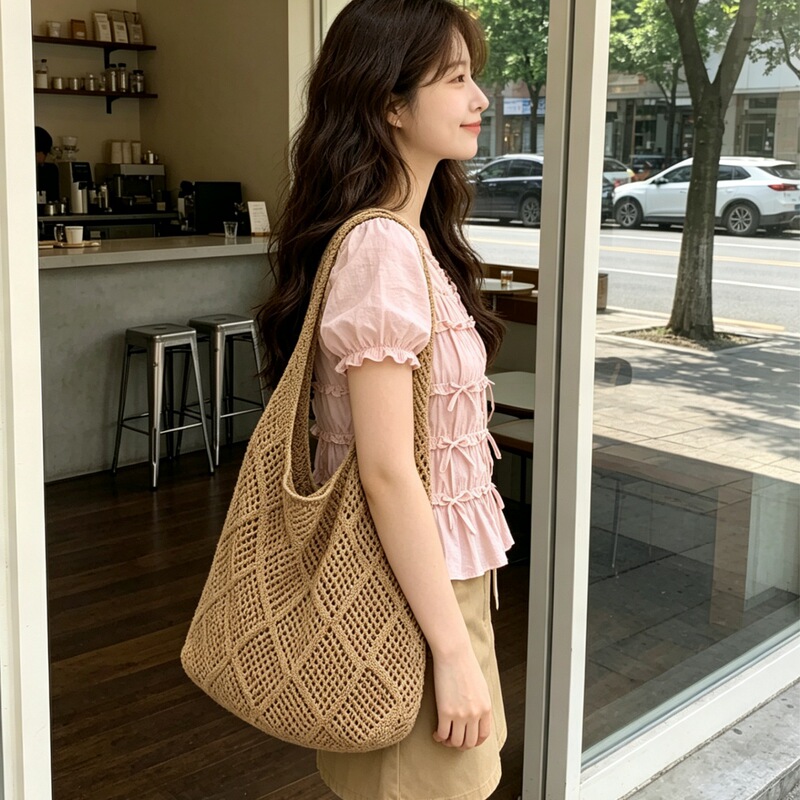 Cross-border bestseller solid color hollow mesh woven bag large capacity vintage knitted shoulder bag Amazon Shein
