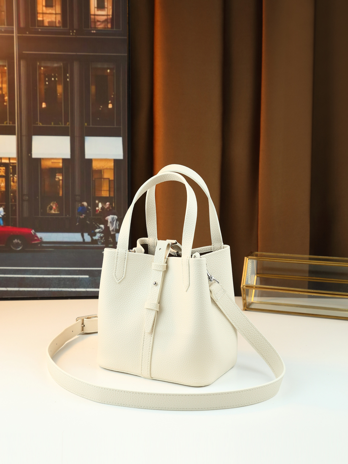 Lychee Pattern Women's Handbag Solid Color Bucket Bag Versatile Shoulder/Crossbody Bag For Commuting PU Leather Zipper Closure Medium Size_voghion.com
