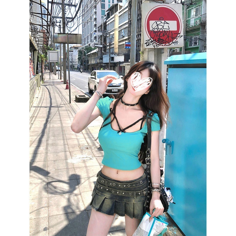 YIDENG 2025 韓国新スタイルショルダー半袖ショートスリムフィット純粋な欲望セクシーなホットガール中空 T シャツ|undefined