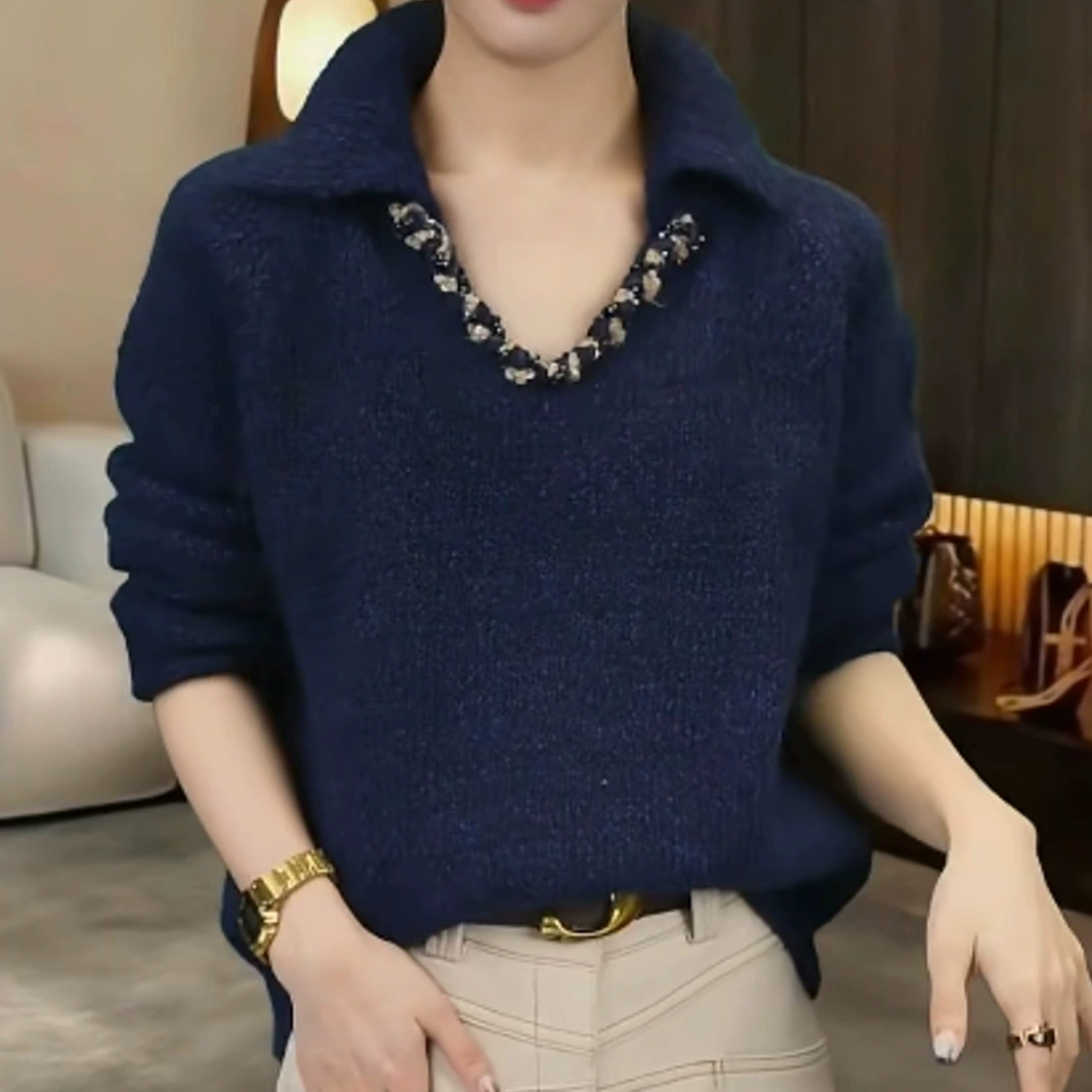 Осенний и зимний легкий роскошный воротник дизайнер трикотажный свитер с бриллиантами женский темперамент ретро свободный топик