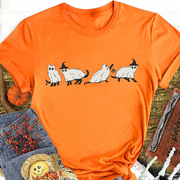 2024 New European and American Cross-border Halloween Cat Ghost Funny Pattern Printed Round Neck T-shirt in stock 2024 New European and American Cross-border Halloween Cat Ghost Funny Pattern Printed Round Neck T-shirt in stock