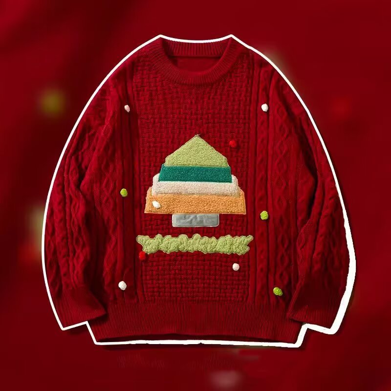 American hiphop creative flocking couple Christmas sweater men's winter National fashion vibe2024 red knitted sweater