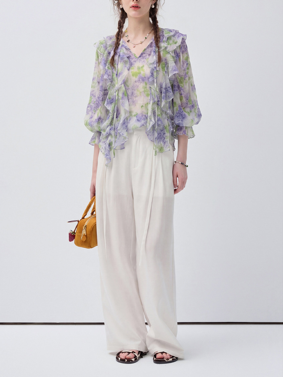 Áo sơ mi nữ chiffon in hoa tay dài viền lá sen — Yên Hà Tử