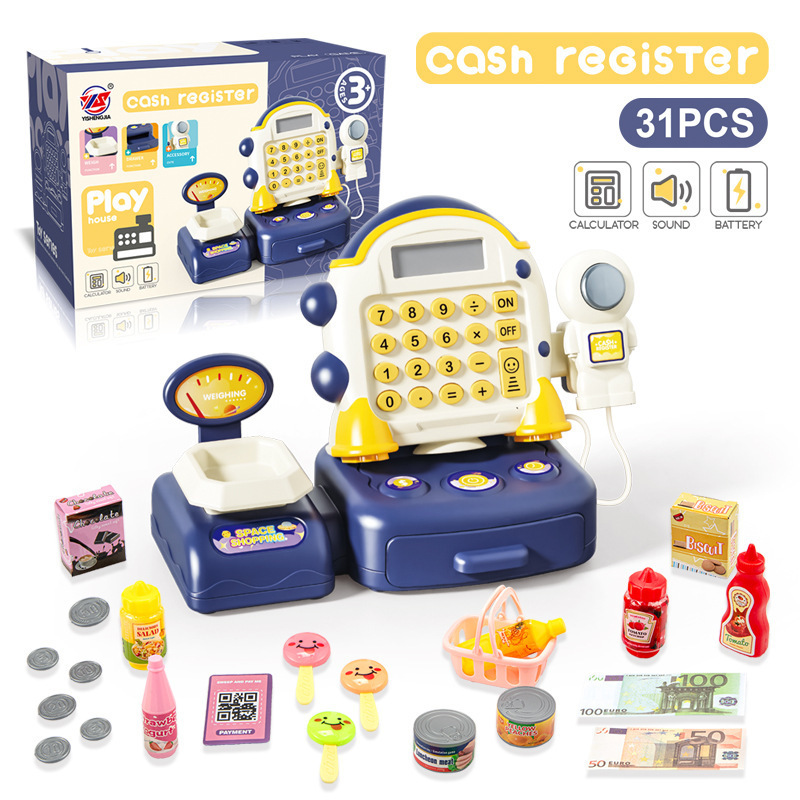 Simulación transfronteriza de niños supermercado de compras de escaneo de cálculo caja registradora juego de caja registradora de astronautas caseros juguetes