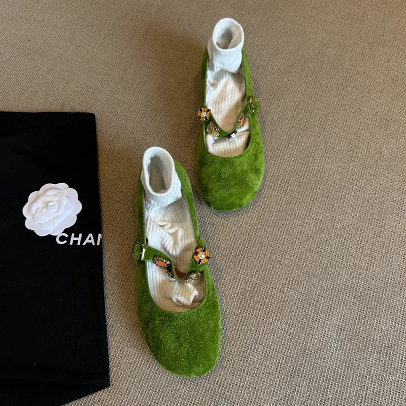 Sheepskin Version ~ Retro Metal Buckle Round Toe Small Shoes with Shallow Mouth and Skirt Green French Thick Heel Mary Jane Shoes for Women