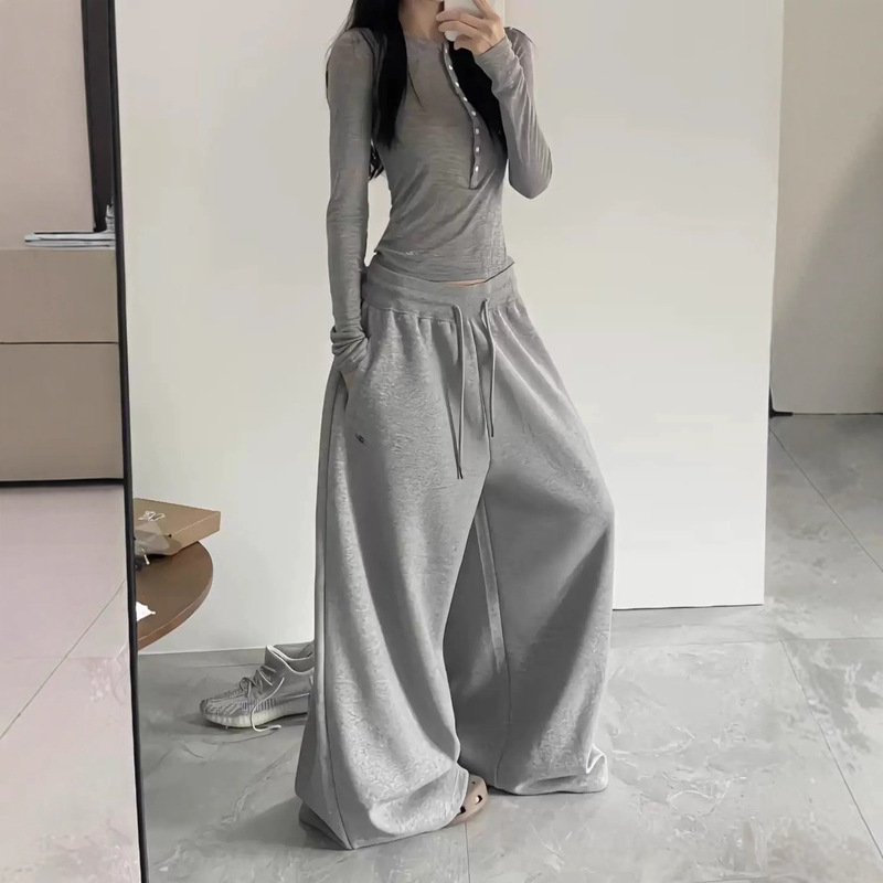 American Retro Lazy Style Dance Casual Sports Sweatpants for Women with Drapey Ribbed Elastic Waist Loose Wide-Leg Floor-Length Pants
