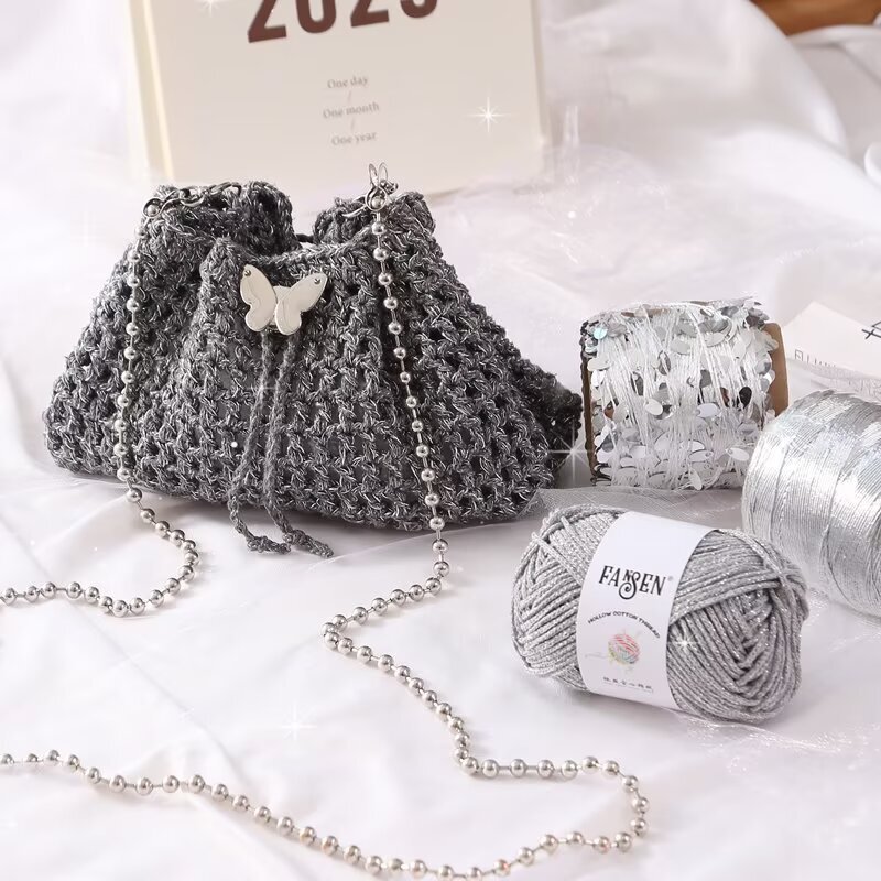 Handmade Shredded Silver Bag DIY Knitting Material Butterfly Shoulder Dumpling Bag Wool Hollow Cotton Bright Silk Silver Silk