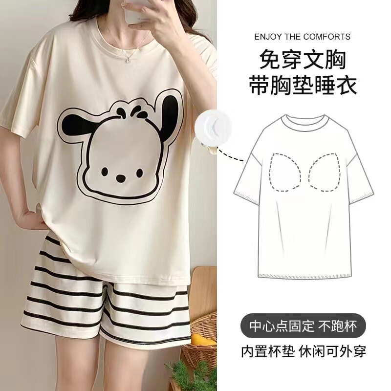 Summer Pajamas Women's Short Sleeve with Chest Pad Sweet Korean Style Cartoon Student Casual Home Clothes Loose plus size suit