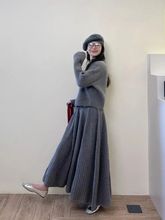 大码慵懒风针织套装女秋冬胖mm2-300斤宽松毛衣+高腰半身裙两件套