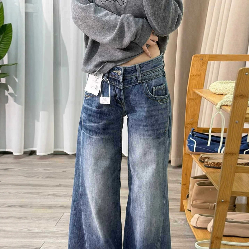 American Retro Style Creased and Faded Wide-Leg Flared Jeans for Women, Summer Thin Low-Waist Loose Slimming Floor-Length Pants American Retro Style Creased and Faded Wide-Leg Flared Jeans for Women, Summer Thin Low-Waist Loose Slimming Floor-Length Pants