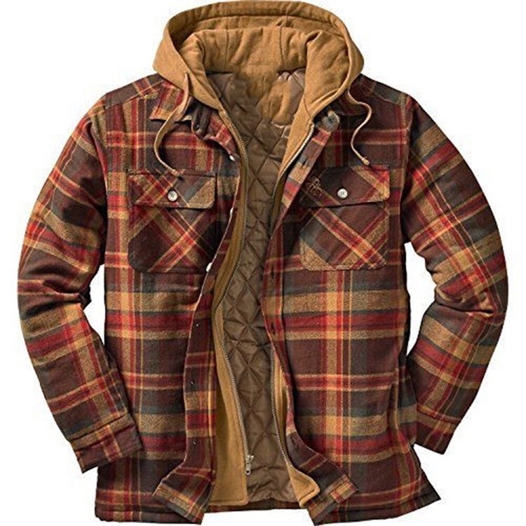 Foreign trade explosions men's European and American autumn and winter thick cotton plaid long sleeve loose hooded jacket coat