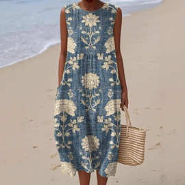 跨境新款亚马逊独立站3d印花圆领套头时尚流行女士夏季无袖连衣裙