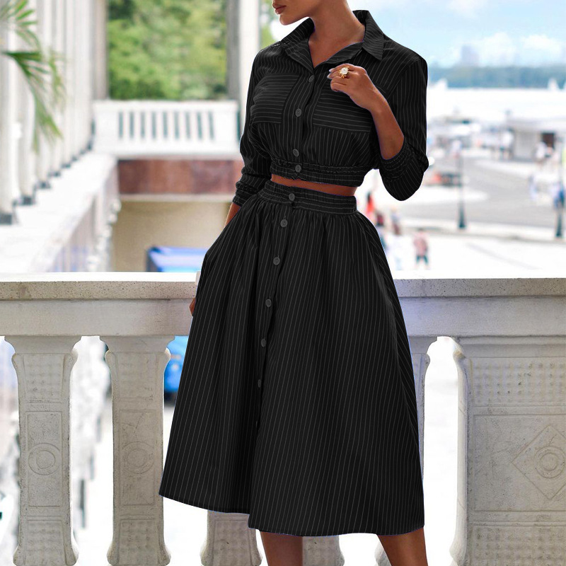 buttons striped long-sleeved lapel slim shirt and mid-length skirt suit  NSONF120051