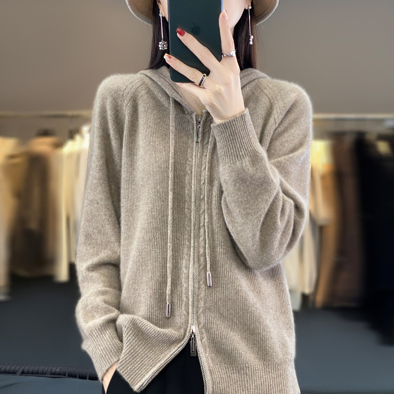 Wool Blend 2026 Spring New Women's Short Zip-Up Cardigan Loose Plus-Size Knitted Cardigan Hooded Sweatshirt