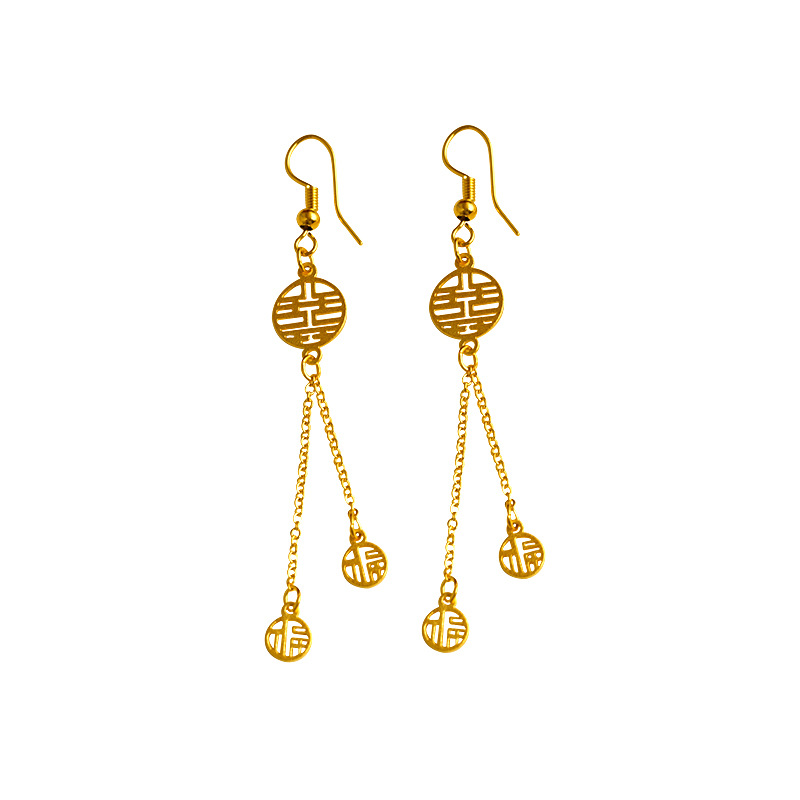 Estilo chino retro doble felicidad pendientes doble felicidad Fu oreja gancho largo elegante borla pendientes joyería del oído entrega de una sola pieza