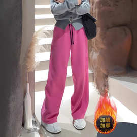 减龄气质粉色加绒裤子女2025夏季新款加厚时尚松紧腰垂感阔腿裤