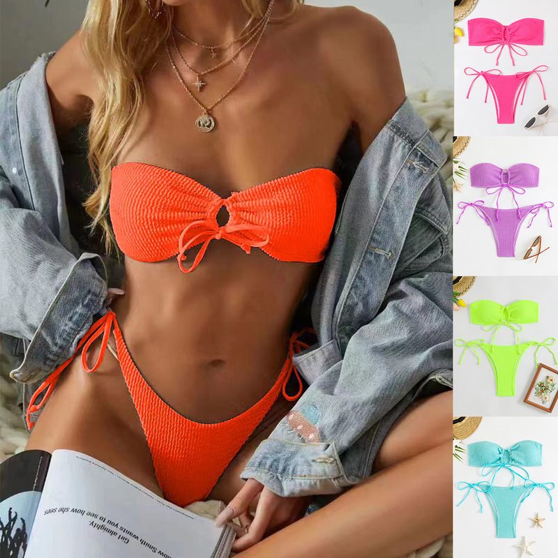 2025 New European and American Swimsuit Multicolor Striped Pleated Fabric Hollow Tube Top Sexy Briefs Bikini Hair