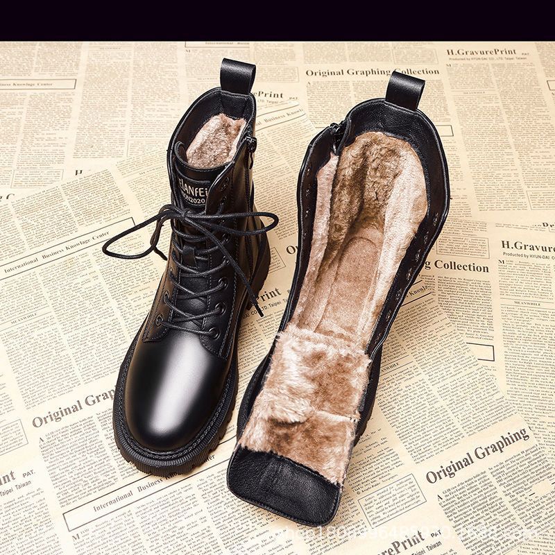 Fleece-lined Martin boots women's shoes 2023 new autumn and winter thin short boots mid-calf boots thickened cotton snow boots