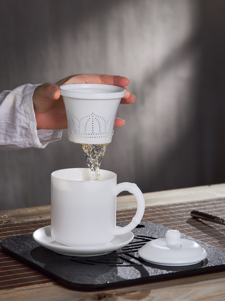 Arcilla Dehua porcelana blanca Oficina taza de agua ovejas grasa Jade bambú rima cerámica té separación taza de té negocio taza de agua