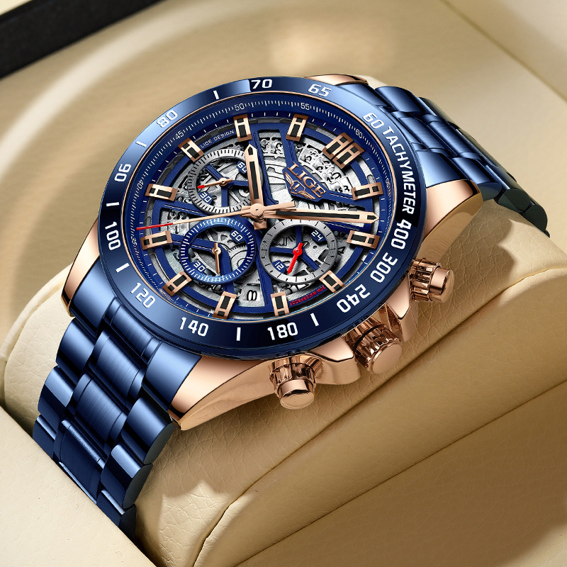 LIGE 8944 nuevo cinturón de acero de seis pines ahuecado personalidad de la moda de los hombres de moda reloj de regalo