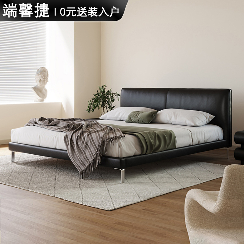 Cama de cuero genuino italiano minimalista cama suave dormitorio principal moderno minimalista cama doble 1,8 m delgada cabecera negro borde-longitud
