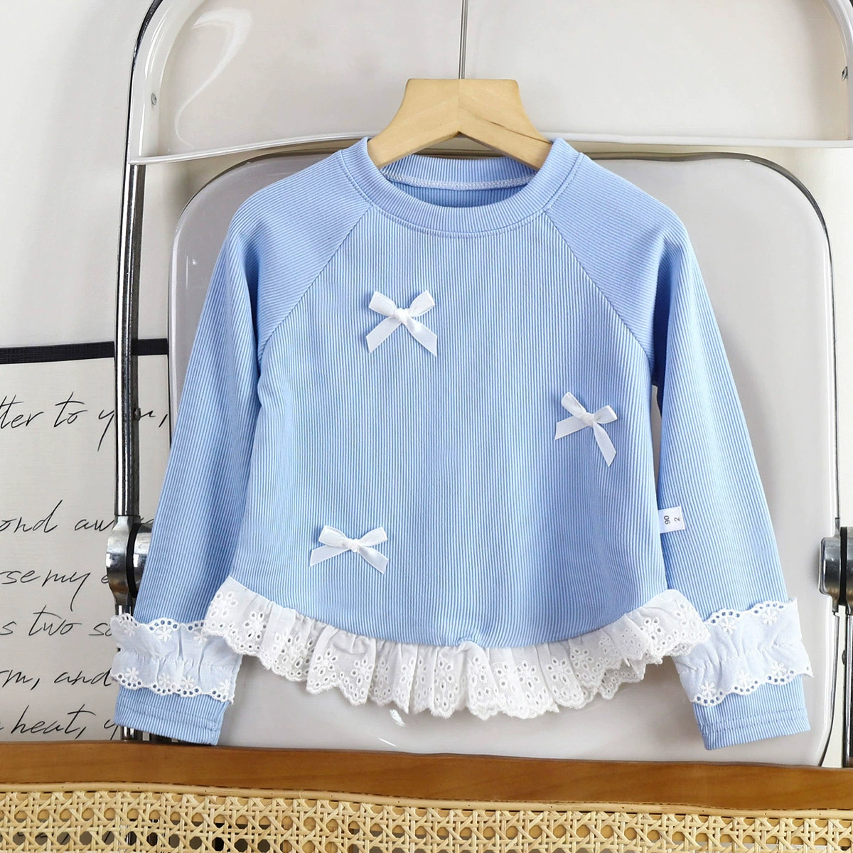 Children's Long-Sleeve Top, Korean-Western Style, Bow & Lace Trim — Autumn Sizes 80–150 cm