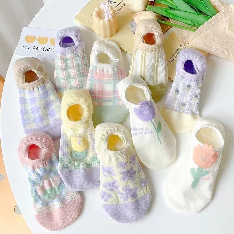 Socks Women's Boat Socks Spring and Summer Thin Tulip Short Ultra-thin Internet-famous Non-slip Breathable Odor-proof Shallow Mouth Invisible Socks