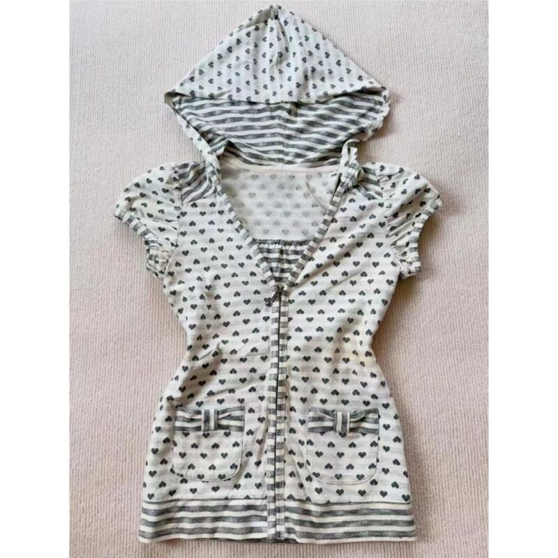 Japanese-Style Original Sweet Heart Polka Dot Print Hooded Striped Puff Sleeve Short-Sleeve T-Shirt for Women with Pocket Design Top Japanese-Style Original Sweet Heart Polka Dot Print Hooded Striped Puff Sleeve Short-Sleeve T-Shirt for Women with Pocket Design Top