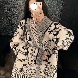 高级感复古提花流苏毛衣开衫外套女秋冬中长款宽松慵懒风批发