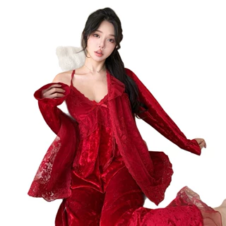 金钻绒三件套睡衣女春秋季甜美性感蕾丝轻奢风钻石绒女士家居服夏