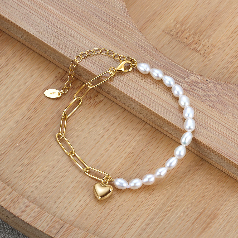 Daily Occasion Freshwater Pearl, Sterling Silver Material Heart Shape Pattern Women'S Gender Freshwater Pearl Sterling Silver White Gold Plated Rhodium Plated Beaded Plating Heart Shape Freshwater Pearl Chain Bracelets