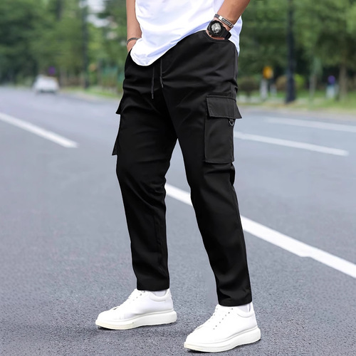 Amazon 100% Cotton Men's Work Pants Straight Leg Drawstring Multi-Pocket Casual Long Pants for European and American Independent Stations