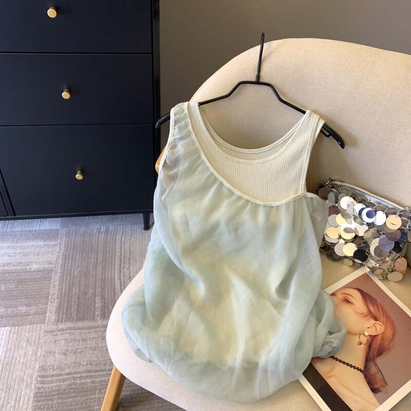 Real Shot~Korean Style 2026 Summer Niche Design Fake Two-Piece Slim-Fit One-Shoulder Sheer Puffy Tank Top Real Shot~Korean Style 2026 Summer Niche Design Fake Two-Piece Slim-Fit One-Shoulder Sheer Puffy Tank Top