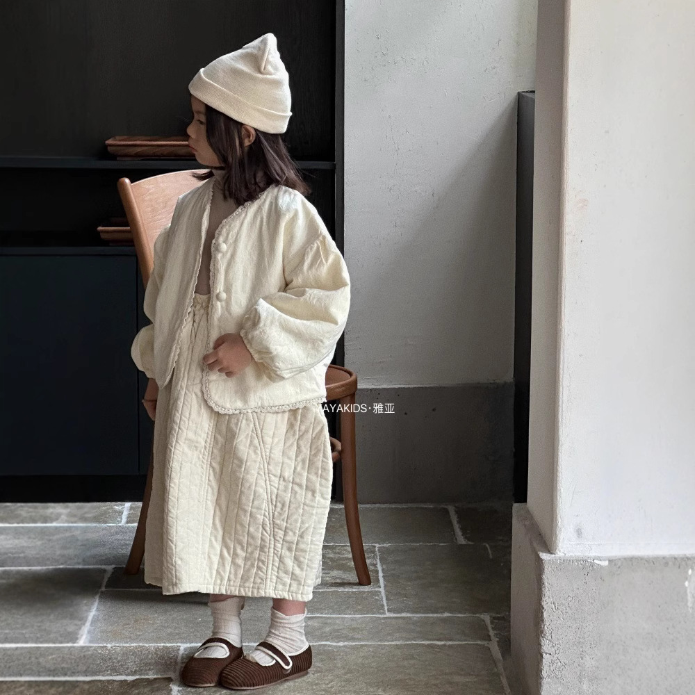 女童冬季新款外套儿童韩系甜美花边提花夹棉柔软仿丝棉短款棉衣