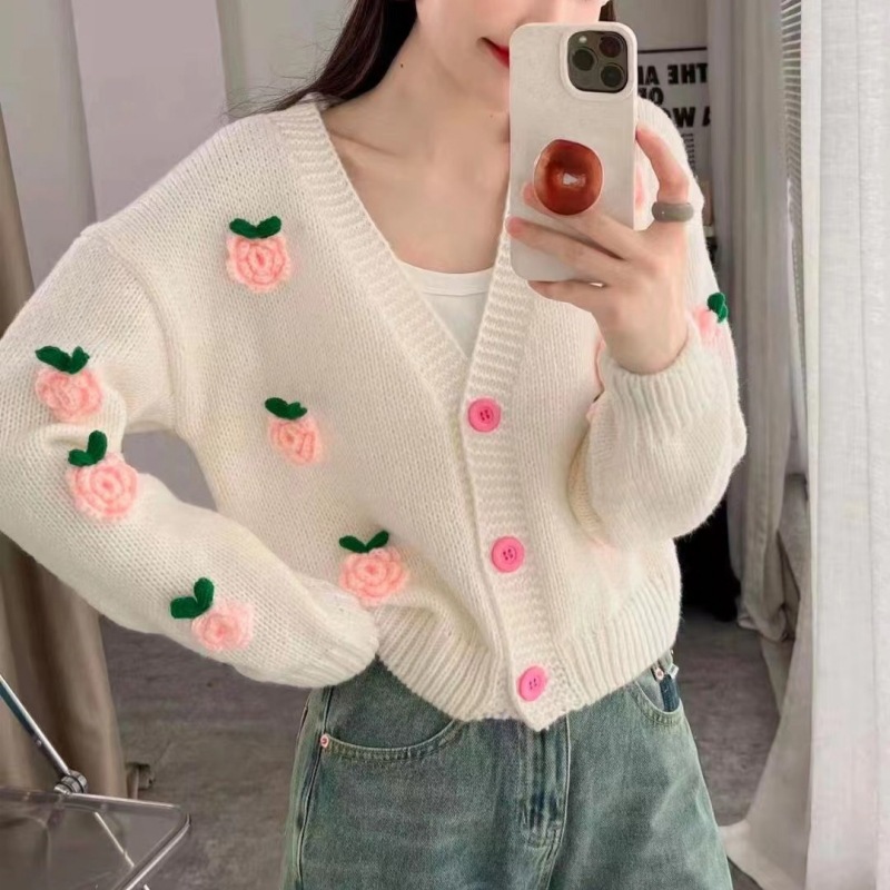 Correo romántico flor tridimensional cardigan de punto otoño y invierno nuevo estilo retro estilo estilo exterior suéter exterior abrigo mujer image 1